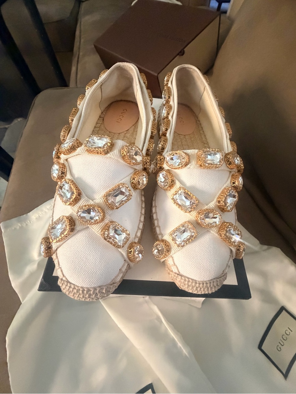 Gucci Cream Jeweled Canvas Espadrille Slip-Ons